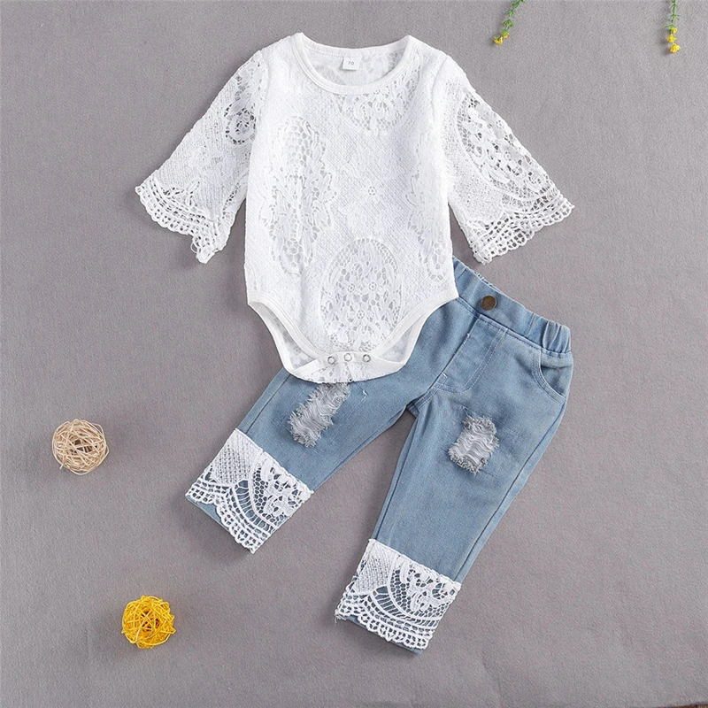lioraitiin New 0-24M Baby Girls Fall Clothes Long Sleeve Lace Romper Suit Triangle Crotch Lace Top Hole Long Jeans 2Pcs Outfit - Image 2