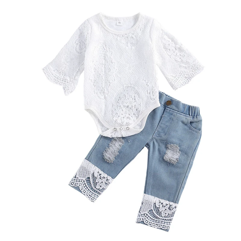 lioraitiin New 0-24M Baby Girls Fall Clothes Long Sleeve Lace Romper Suit Triangle Crotch Lace Top Hole Long Jeans 2Pcs Outfit