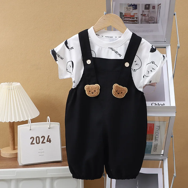 2PCS Infant Boy Clothes Set Bear Print Short Sleeve +Strap Shorts Clothes Suits Cartoon T Shirt Overalls Pants 2Pcs/Set