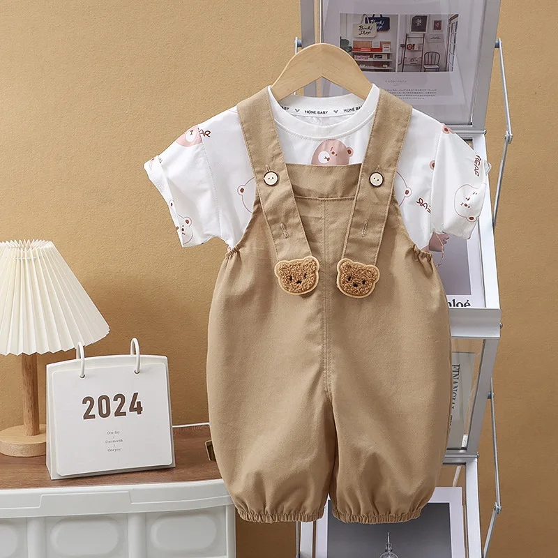 2PCS Infant Boy Clothes Set Bear Print Short Sleeve +Strap Shorts Clothes Suits Cartoon T Shirt Overalls Pants 2Pcs/Set - Image 2