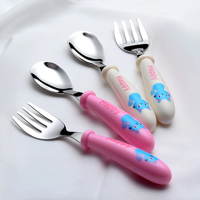 2pcs/Set Baby Gadget Tableware Children Utensil Stainles Steel Toddler Dinnerware Cutlery Cartoon Infant Food Feeding Spoon Fork
